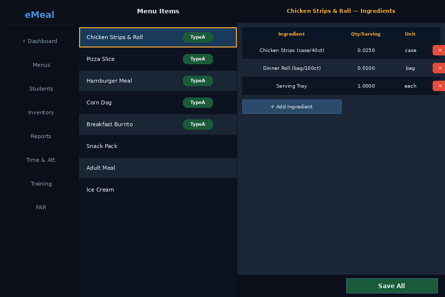 Recipe/BOM Editor split panel