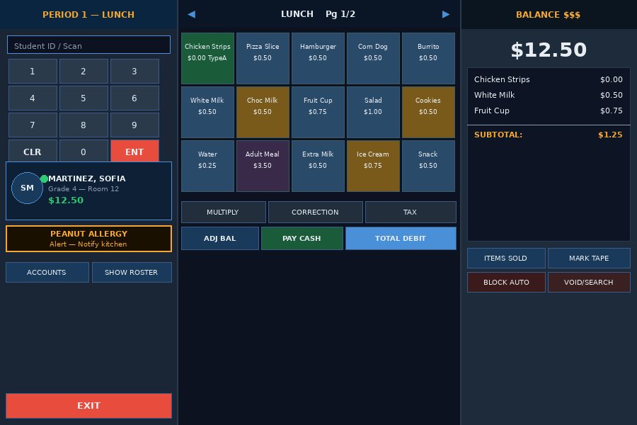 MiMeals POS Terminal — 3-panel serving interface